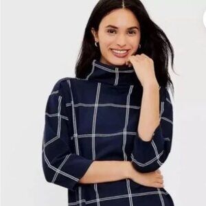NWT LOFT Plaid Navy Blue Cowl neck Mini Dress Size XS